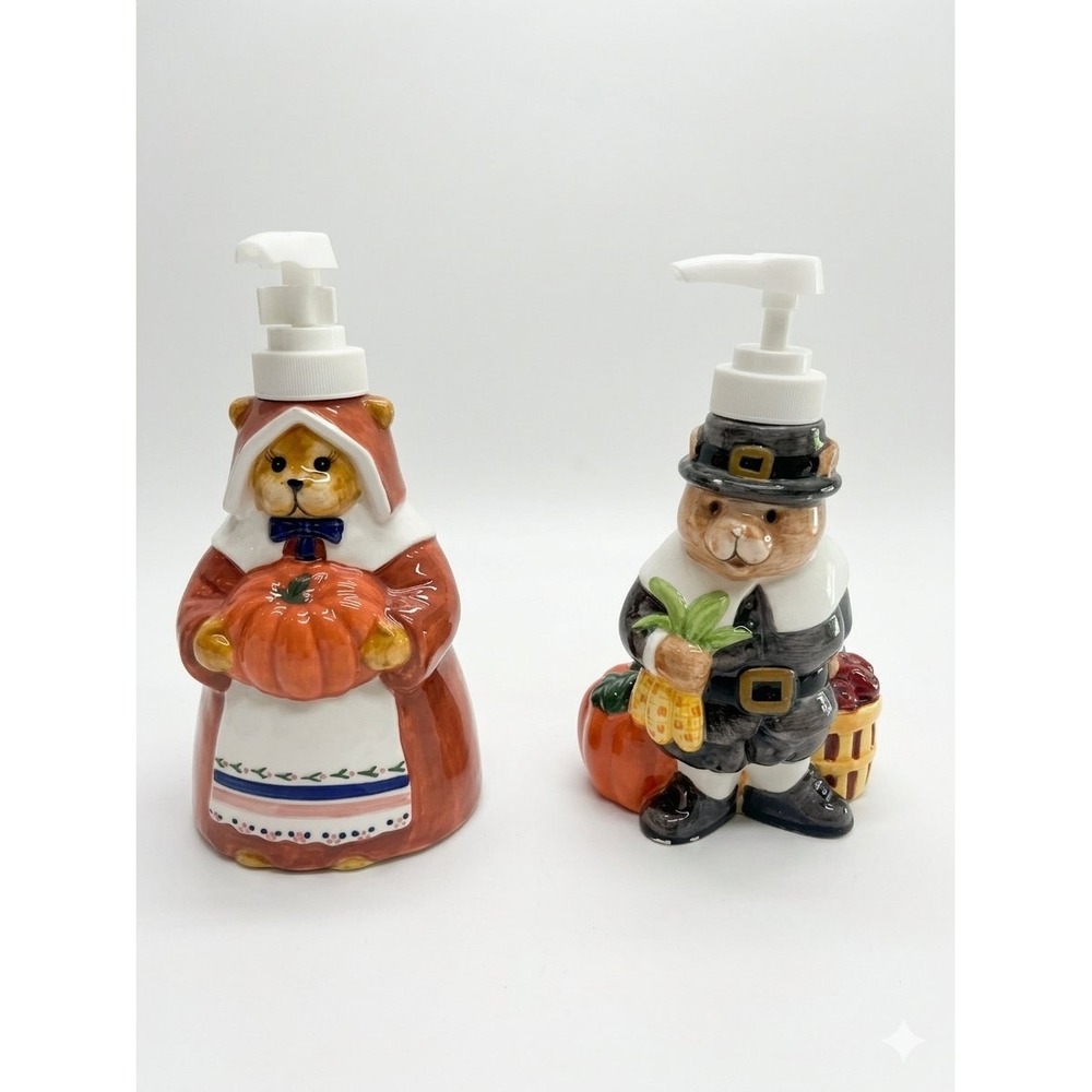 Sears Pilgrim Bear Soap Dispenser Set Unisex OS Brown Good Thanksgiving Vintage